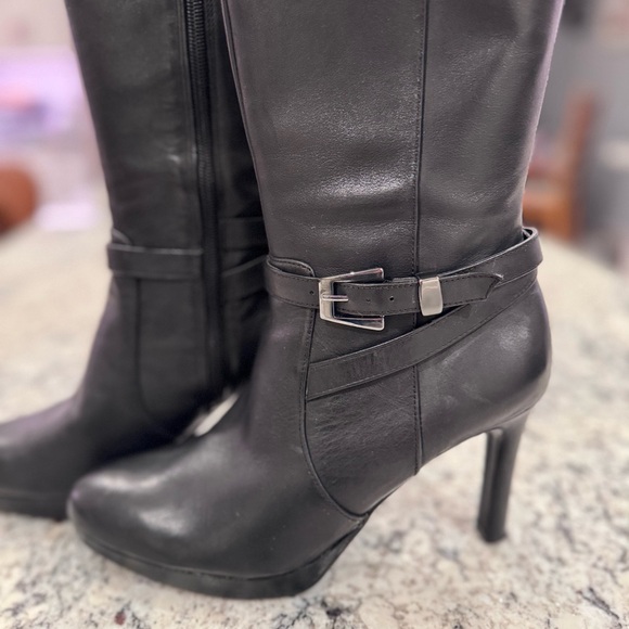 TAELYNN Black Leather Knee-High Platform Heeled Boots Size 9.5 - Picture 3 of 8
